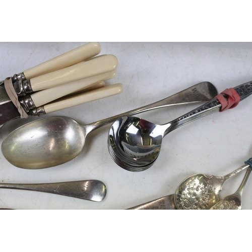 444 - Collection of silver plated flatware, featuring mother of pearl handled and kings pattern examples