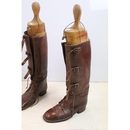 460 - Pair of John Lobb laced leather riding boots with wooden trees