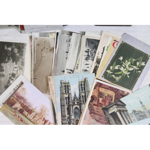 480 - Box of early 20th century postcards, together with a mid Victorian scrap book, etching type prints &... 