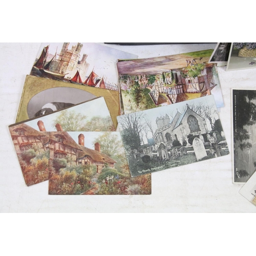 480 - Box of early 20th century postcards, together with a mid Victorian scrap book, etching type prints &... 