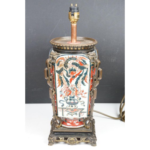 145 - Oriental ceramic table lamp decorated in the Imari palette (approx 38cm high), together with a pair ... 