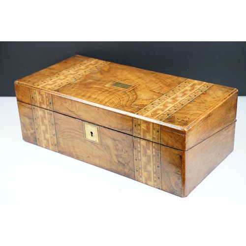 155 - 19th century walnut veneered writing slope with Tunbridge style inlay, slope to interior and typical... 