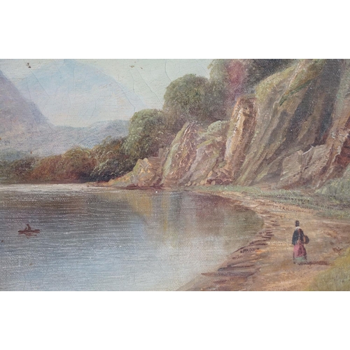 554 - Swept gilt framed 19th century oil on canvas, Highland Loch View with figure and man in a boat, date... 