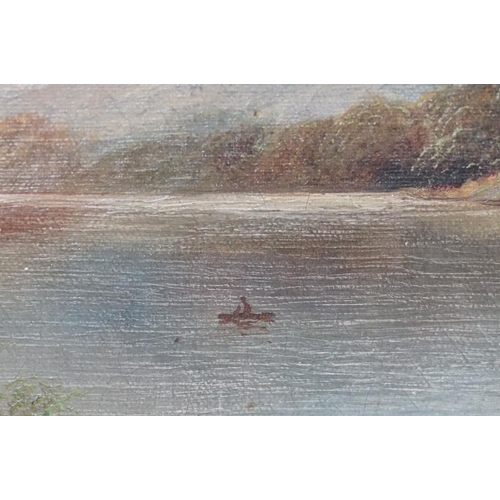 554 - Swept gilt framed 19th century oil on canvas, Highland Loch View with figure and man in a boat, date... 