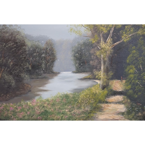 558 - Heath, tranquil river scene, oil on canvas, signed lower left, 50 x 75cm, gilt framed