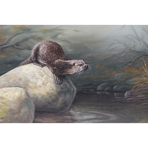 559 - Otter on a rock, oil on canvas, signed indistinctly lower right, possibly Nance, 49.5 x 59.5cm, gilt... 