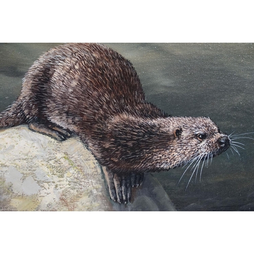 559 - Otter on a rock, oil on canvas, signed indistinctly lower right, possibly Nance, 49.5 x 59.5cm, gilt... 