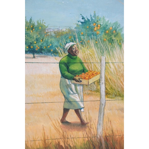 561 - Oil on canvas, a large framed landscape African scene with woman carry box of fruit besides ' woodla... 