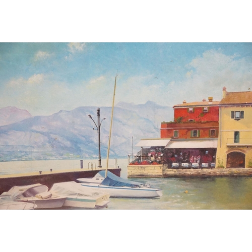 562 - Modern School, a studio framed oil on canvas, lake side cafe with moored sailboats by Lake Garda, It... 