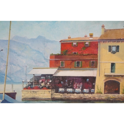 562 - Modern School, a studio framed oil on canvas, lake side cafe with moored sailboats by Lake Garda, It... 