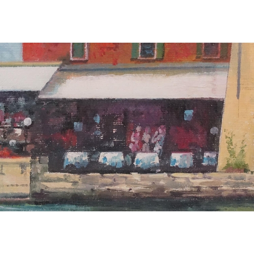 562 - Modern School, a studio framed oil on canvas, lake side cafe with moored sailboats by Lake Garda, It... 