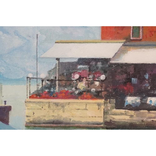 562 - Modern School, a studio framed oil on canvas, lake side cafe with moored sailboats by Lake Garda, It... 