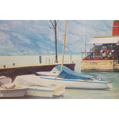 562 - Modern School, a studio framed oil on canvas, lake side cafe with moored sailboats by Lake Garda, It... 