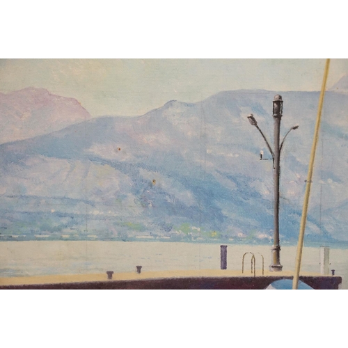 562 - Modern School, a studio framed oil on canvas, lake side cafe with moored sailboats by Lake Garda, It... 