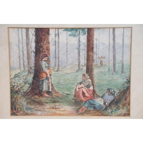 564 - 19th century watercolour, country girls in a conversation in woodland clearing, 21.5 x 29cm, framed ... 