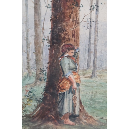 564 - 19th century watercolour, country girls in a conversation in woodland clearing, 21.5 x 29cm, framed ... 