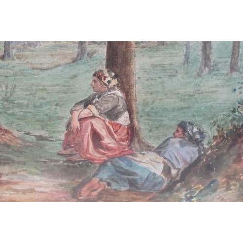 564 - 19th century watercolour, country girls in a conversation in woodland clearing, 21.5 x 29cm, framed ... 