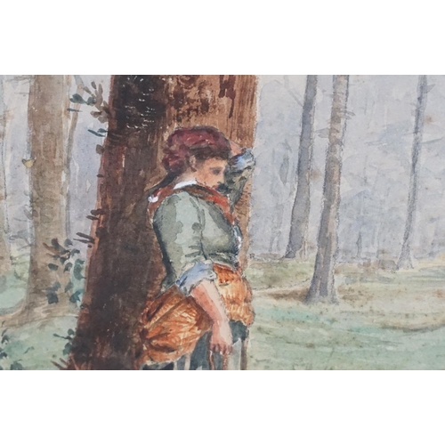 564 - 19th century watercolour, country girls in a conversation in woodland clearing, 21.5 x 29cm, framed ... 