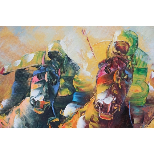 565 - R Sanford, racehorses, oil on board, signed lower right, 42 x 57cm, framed and glazed