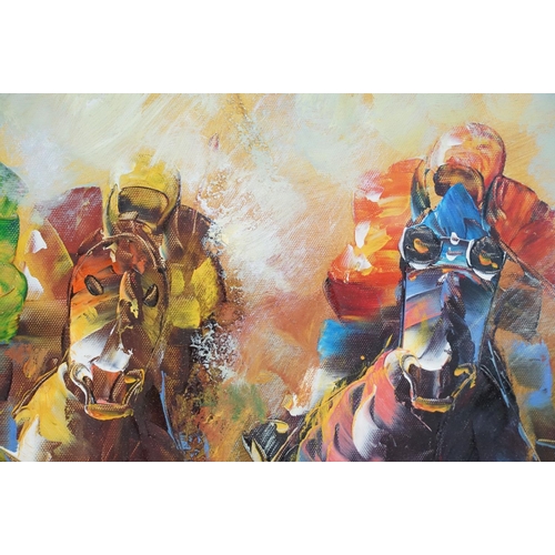 565 - R Sanford, racehorses, oil on board, signed lower right, 42 x 57cm, framed and glazed