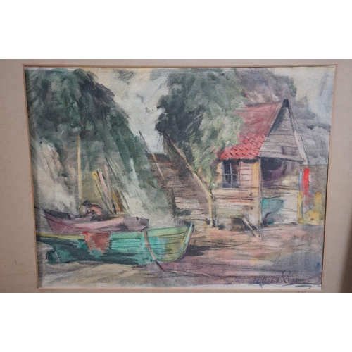 574 - Edward Swann, boats and a figure by a hut, watercolour, signed in pencil lower right, 35 x 45cm, L N... 