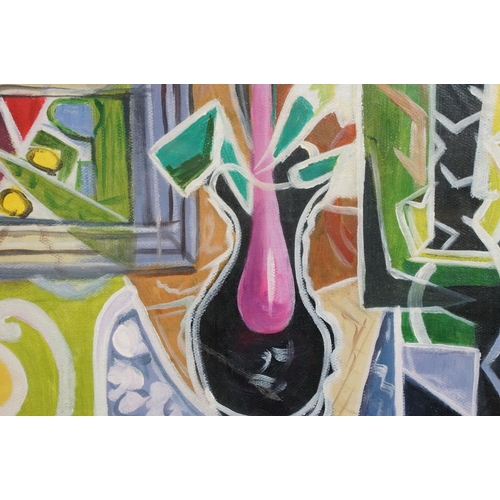 575 - Framed oil on canvas of a 1960s abstract still life interior scene, 44 x 59.5cm