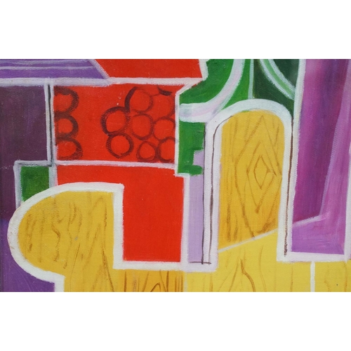 575 - Framed oil on canvas of a 1960s abstract still life interior scene, 44 x 59.5cm