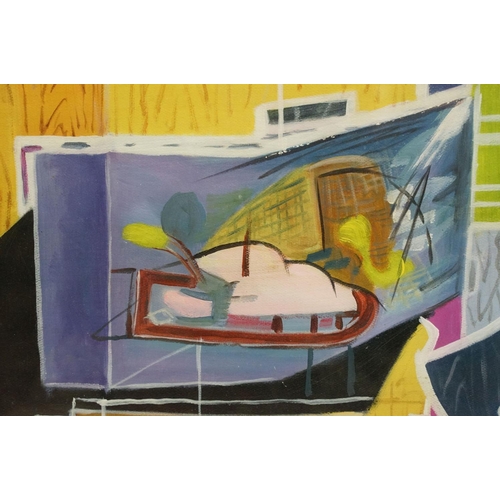 575 - Framed oil on canvas of a 1960s abstract still life interior scene, 44 x 59.5cm