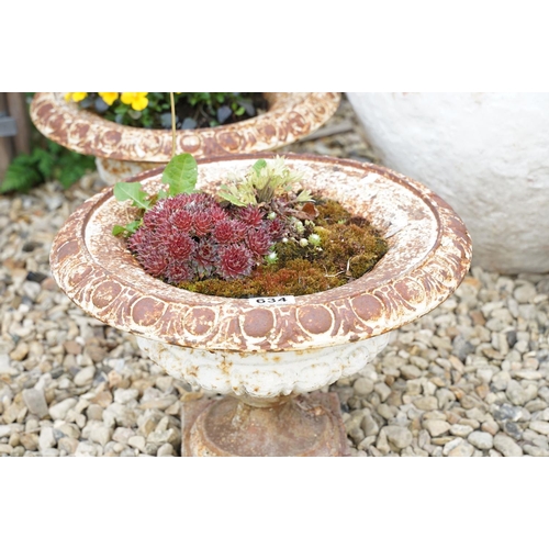 634 - Pair of cast iron garden planters of circular form, raised on square bases, planted, approx 39cm dia... 