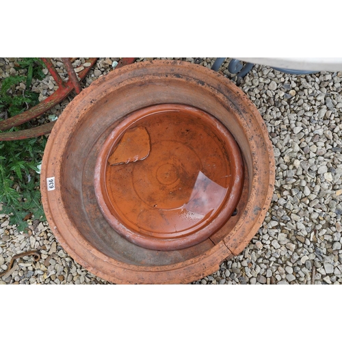 636 - Terracotta circular garden planter with grapevine decoration (approx 66cm diameter, a/f), together w... 