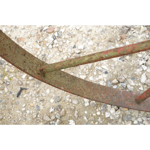 637 - Pair of Jarmain Haseley spoked iron red painted iron cart wheels, approx 111cm diameter