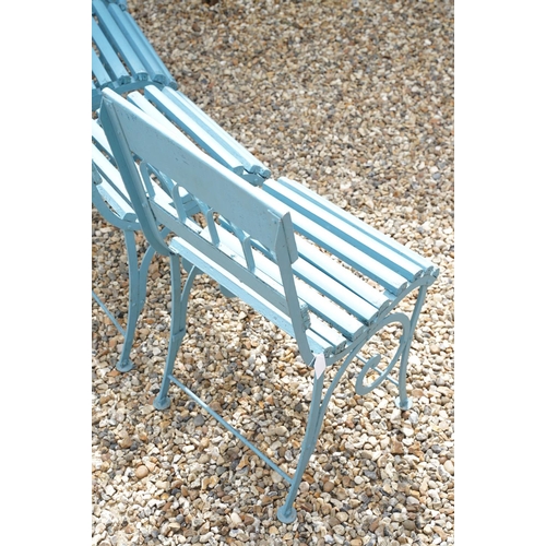 639 - Set of four blue painted slatted wooden garden patio chairs raised on metal legs with scrolled detai... 