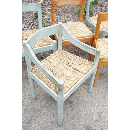 646 - Set of nine Vico Magistretti Carimate wooden chairs with rush seats and curved backs, approx 75cm hi... 