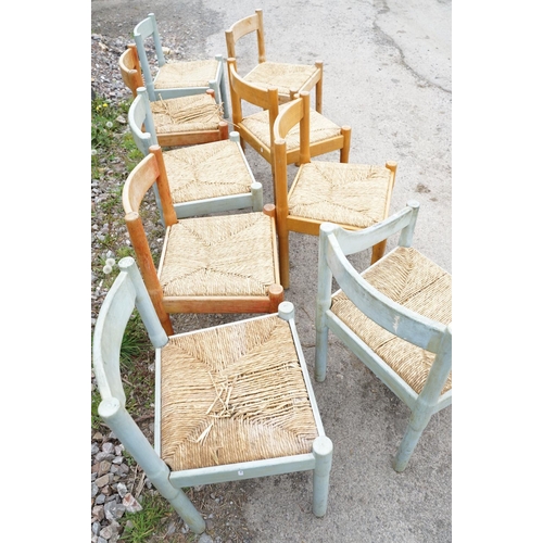 646 - Set of nine Vico Magistretti Carimate wooden chairs with rush seats and curved backs, approx 75cm hi... 