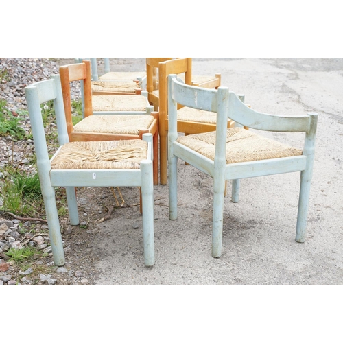 646 - Set of nine Vico Magistretti Carimate wooden chairs with rush seats and curved backs, approx 75cm hi... 