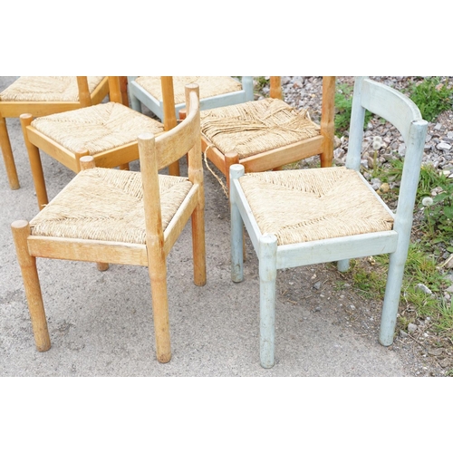 646 - Set of nine Vico Magistretti Carimate wooden chairs with rush seats and curved backs, approx 75cm hi... 