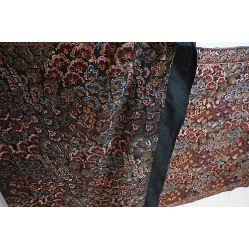 773 - Embroidery Karandi shawl with repeating design on a black ground, approx 222cm x 90cm