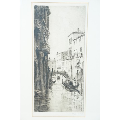 543 - Pair of fine signed etchings of Venetian canal scenes with gondolas and bridge, both having blind st... 