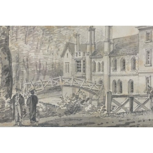 597A - Richard Bankes Harraden (1778-1862) pencil and brown wash view of a stately building (possibly Cambr... 