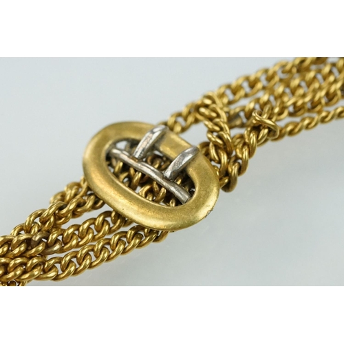 12 - 15ct gold pocket watch fob seal on chain. The fob having a two tone wire design mounted to four curb... 