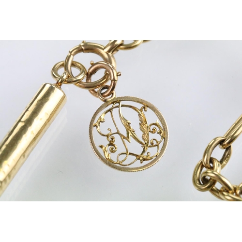 15 - 18ct gold figaro link pocket watch chain complete with T bar and spring ring clasp, mounted with an ... 