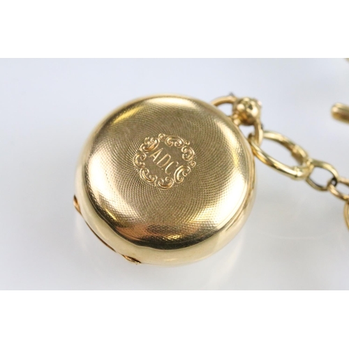 15 - 18ct gold figaro link pocket watch chain complete with T bar and spring ring clasp, mounted with an ... 