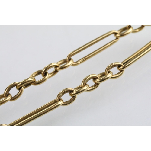 15 - 18ct gold figaro link pocket watch chain complete with T bar and spring ring clasp, mounted with an ... 