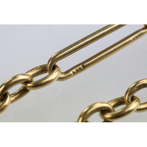 15 - 18ct gold figaro link pocket watch chain complete with T bar and spring ring clasp, mounted with an ... 