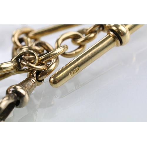 15 - 18ct gold figaro link pocket watch chain complete with T bar and spring ring clasp, mounted with an ... 