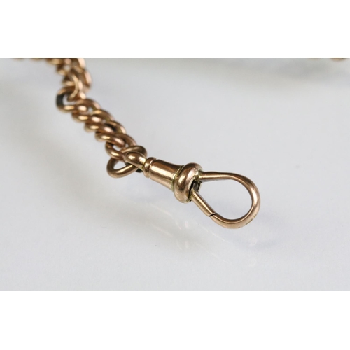 19 - Early 20th Century 9ct gold curb link watch chain having a T bar, dog lead clasp, and spring ring. E... 