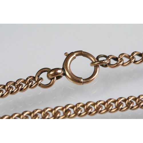 19 - Early 20th Century 9ct gold curb link watch chain having a T bar, dog lead clasp, and spring ring. E... 