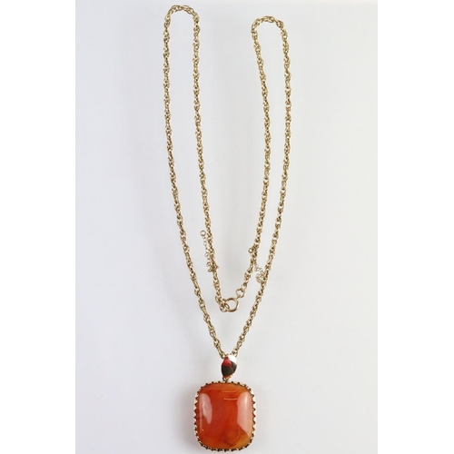 33 - 9ct gold rope twist necklace chain with spring ring clasp having a large carnelian panel pendant. Ch... 