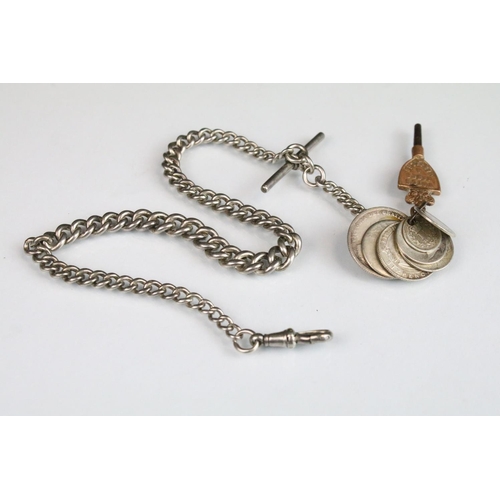 365 - Victorian silver pocket watch chain with graduating links, T bar and dog lead clasp, mounted with a ... 