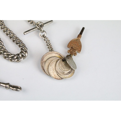 365 - Victorian silver pocket watch chain with graduating links, T bar and dog lead clasp, mounted with a ... 